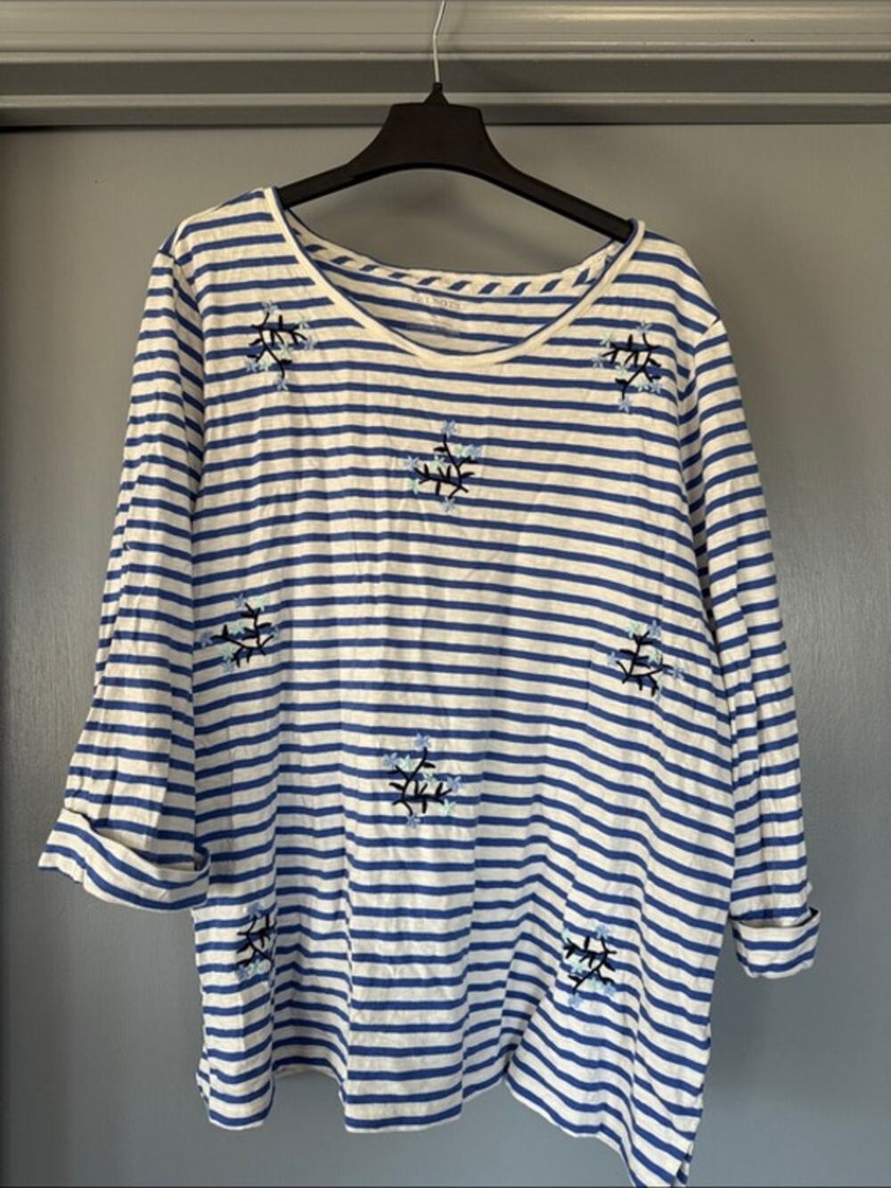 Talbots Floral Embroidered Blue White 100% Cotton Pullover Top 3/4 Sleeves sz 3X